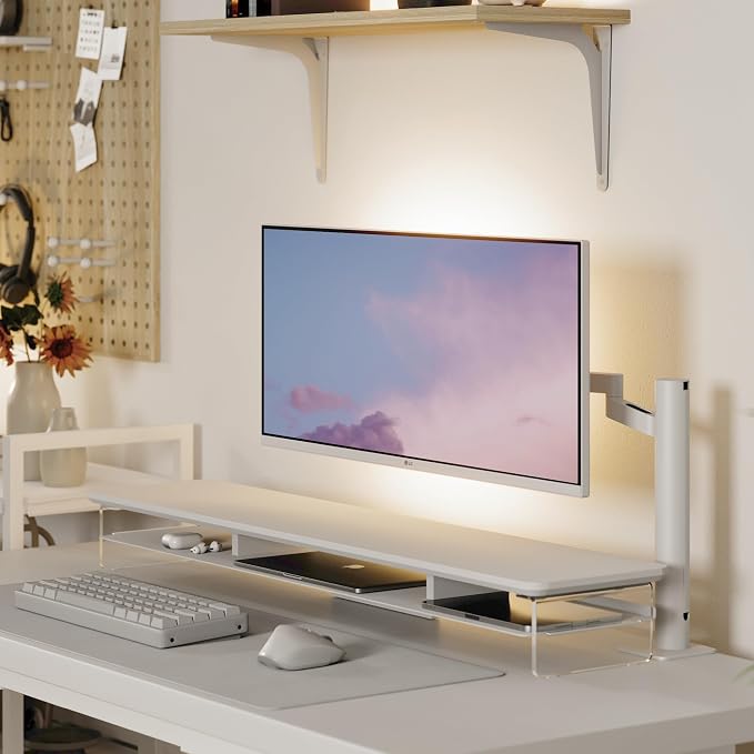 Fenge Acrylic Monitor Stand Riser, 42.5 Inches Dual Monitor Stand with Metal Storage, 2 Tier Acrylic Computer Riser for Desk, Clear Laptop Stand for PC, Laptop, Printer, TV, White