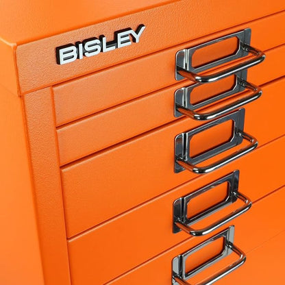 8-Drawer Steel MultiDrawer Cabinet - Orange, by Bisley | Chrome Pull Handles with Label Holders, Powder-Coated Steel, Removable Drawers, Fits Under Most Desks, Labels Included