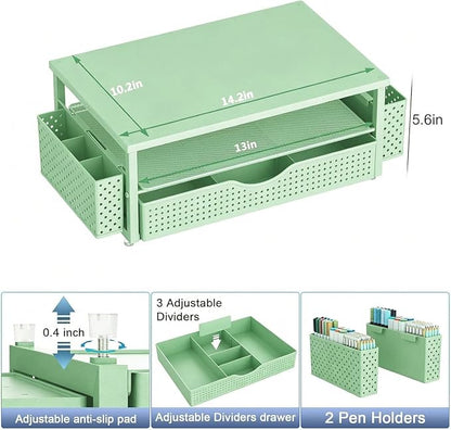 Spacrea Desk Organizer and Accessories, Computer Monitor Stand Riser with Drawer and 2 Pen Holders, Office Desk Accessories & Workspace Organizers for Office Supplies (Sage Green)