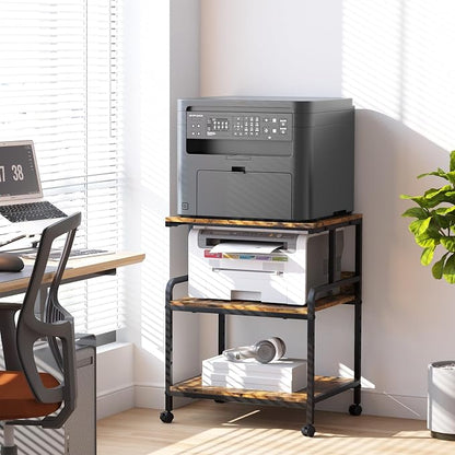 Arbuxzuy Large Printer Stand with Storage Shelf, 23.6" W x 18.9" D Printer Cart with Wheels, 3 Tier Mobile Printer Table for Home Office,Stands for Heat Press Scanner Fax (Brown)