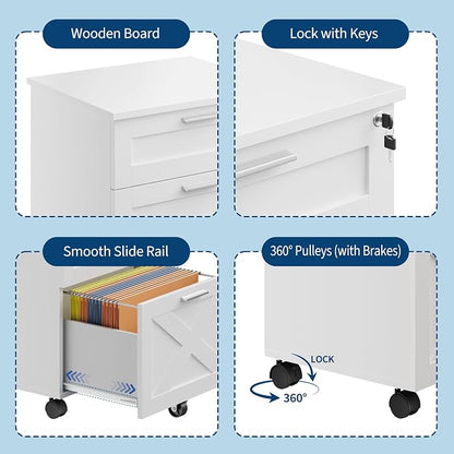 GAOMON 3 Drawer Mobile File Cabinet with Lock, Under Desk Wooden Filing Cabinets for Home Office Organizer Letters/Legal/A4, White