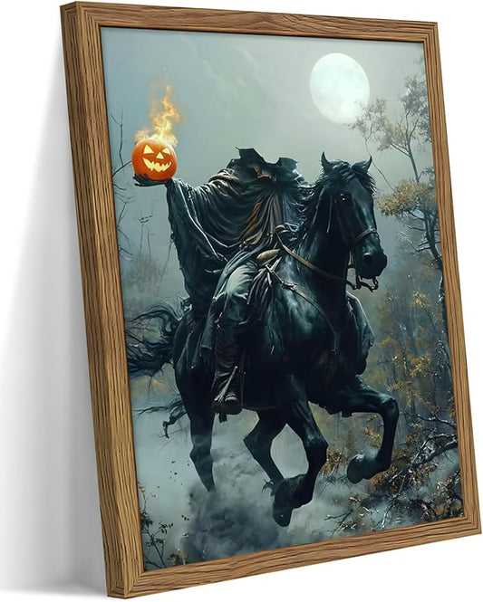 Vintage Framed Halloween Wall Art, Gothic Headless Horseman Pumpkin Picture Poster, Spooky Fall Forest Canvas Prints, Dark Academia Halloween Wall Decor for Living Room Bedroom 8x10 inch