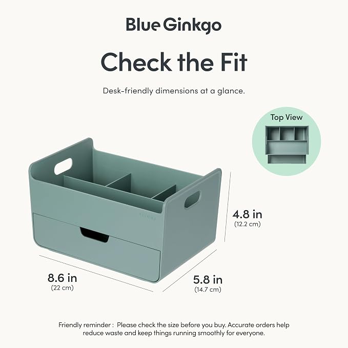 BLUE GINKGO Portable Desk Organizer – Compact 3 Compartment, Half-drawer Storage – Pen Holder, Stationery Desktop Organizer for Office, Makeup, Crafts (Made in Korea, Green)