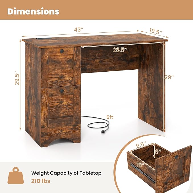 Giantex Computer Desk with 2 Drawers, 43” Wooden Home Office Desk with Charging Station, Compact Study Writing Desk, Modern Laptop PC Desk Workstation for Bedroom, Living Room (Rustic Brown)