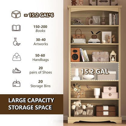 TVU 6-Tier Wooden Bookshelf, 76 Inch Tall Bookshelf with Storage, Floor Standing Modern Style Display Bookcase for Living Room, Office, Study Room, Entryway, Natural Wood Color