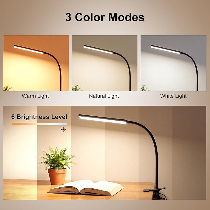 Vansuny Clip on Light LED Desk Lamp with Eye-Caring LED Light and Metal Clip, 6 Level Brightness 3 Color Modes, Power by USB Port 5W Adjustable Neck Reading Lamp for Home and Office (5W, Black)