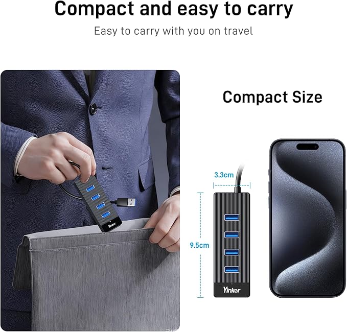 4 Port USB 3.0 Hub 5FT Long Cable, USB Extension Data Cable USB Dock Extender for Desktop PC Laptop, 5Gbps with 5V USB-C Power Supply