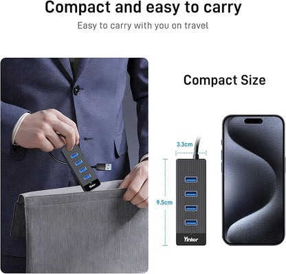 4 Port USB 3.0 Hub 5FT Long Cable, USB Extension Data Cable USB Dock Extender for Desktop PC Laptop, 5Gbps with 5V USB-C Power Supply