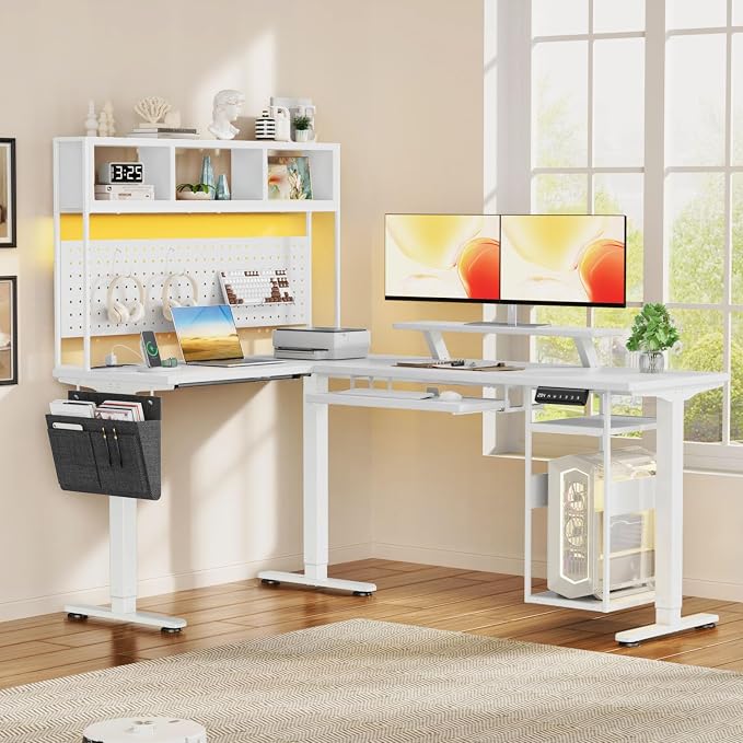 Flycity Electric L Shaped Standing Desk Adjustable Height, 67" x 47" Corner Computer Desk with Host Shelf, Gaming Desk with LED Lights & Power Outlet, Dual Motor Home Office Desk with Storage, White