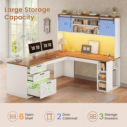 SEDETA 67" Farmhouse L Shaped Desk with Hutch, Home Office Desks with Drawers & Sliding Doors, Corner Computer Desk with Storage Shelves & Power Outlets, Executive Desk with LED Lights, White+Brown