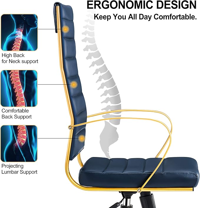 Office Chair, Computer Chair, Ergonomic Office Chair in Vegan Leather, High Back Desk Chair with Back Support, Executive Chair, Manager（Navy Gold）