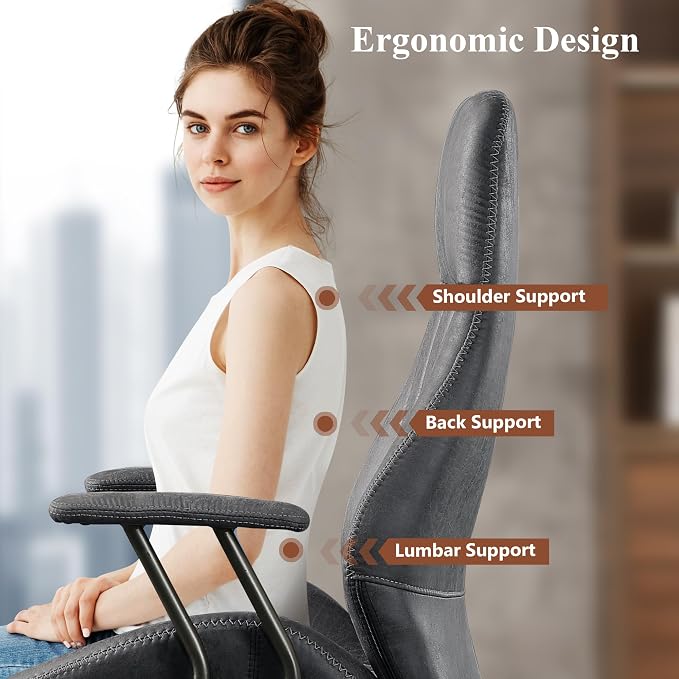 Mid Century Modren Office Chair,High Back Ergonomic Executive Chair with Lumbar Support, Computer Desk Swivel Task Chair with Wheels, Faux Lether Suede Fabric Home Chair (High Back, Grey)
