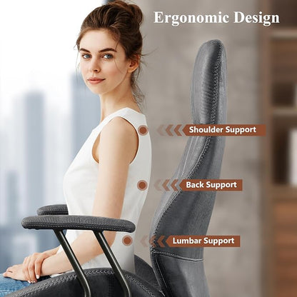 Mid Century Modren Office Chair,High Back Ergonomic Executive Chair with Lumbar Support, Computer Desk Swivel Task Chair with Wheels, Faux Lether Suede Fabric Home Chair (High Back, Grey)