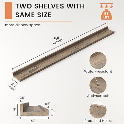 FLYJOE Picture Ledge Shelf, Floating Shelves Set of 2, 56 Inches Long Large Nursery Book Shelves for Toys Storage, Kids Bookshelf Wall Mounted for Living Room Bedroom Decor Books Photo Frames,Grey