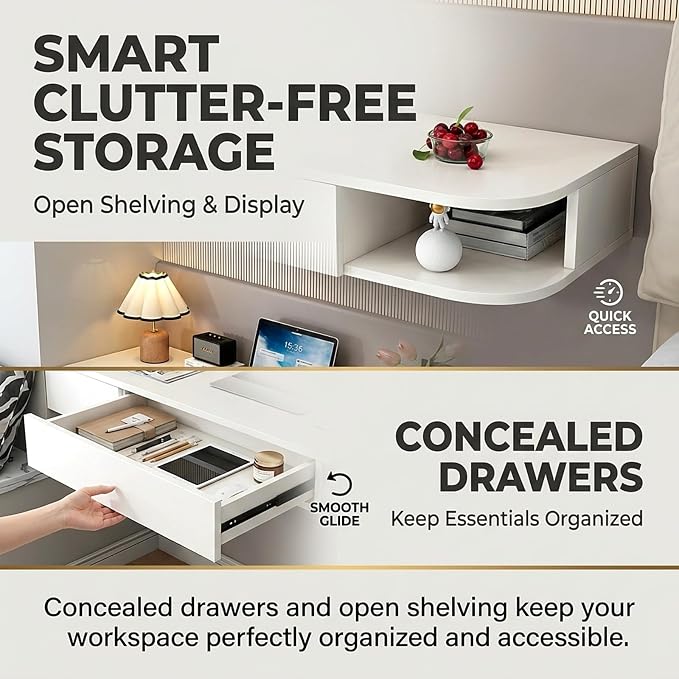 Corner Floating Desk with Drawer, Wall Mounted Desk with Open Shelving, Floating Makeup Vanity with Storage, Scratch-Resistant, Space Saving, for Bedroom Living Room Small Spaces Apartment