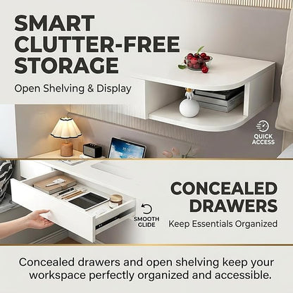Corner Floating Desk with Drawer, Wall Mounted Desk with Open Shelving, Floating Makeup Vanity with Storage, Scratch-Resistant, Space Saving, for Bedroom Living Room Small Spaces Apartment