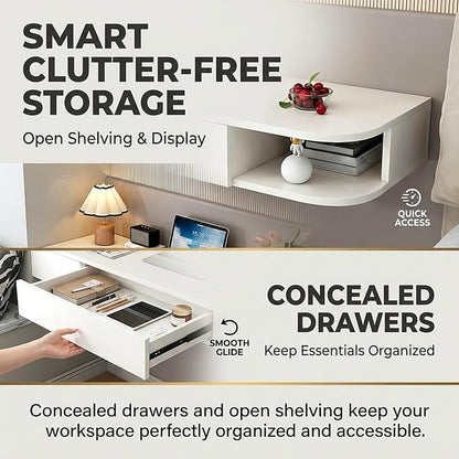 Corner Floating Desk with Drawer, Wall Mounted Desk with Open Shelving, Floating Makeup Vanity with Storage, Scratch-Resistant, Space Saving, for Bedroom Living Room Small Spaces Apartment