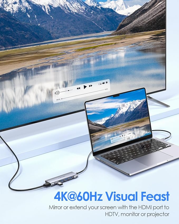 LENTION 3.3FT Long Cable USB C Hub with 4K HDMI, 100W PD Charging, 4 USB 3.0 Port & LED Indicator for MacBook Pro/Air, Dell XPS, HP, Chromebook, More, Stable Driver Adapter (C35-1M, Space Gray)