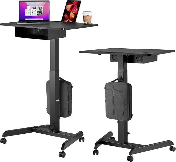 AVLT 44" Height Adjustable Foot Pedal Rolling Desk with Shelf - Black | 3 ft 8 inches - Pneumatic Laptop Standing Desk Cart - Mobile Laptop Cart Computer Projector Cart with Brake Casters