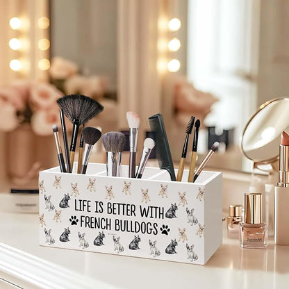 French Bulldog Gifts Dog Pen Holder for Desk, Gifts for Dog Lovers Owners Pencil Organizer, Life is Better with French Bulldogs Wooden Pen Holder Desk Accessories Decor for Home Office