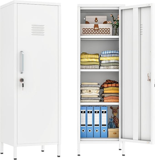 Metal Locker Cabinet, 47"H Home Office Storage Lockers, Vertical Steel Storage Cabinet with Locking Door and 3 Adjustable Shelves, Garage Tool File Cabinets for Home Office,Garage,Bathroom, White
