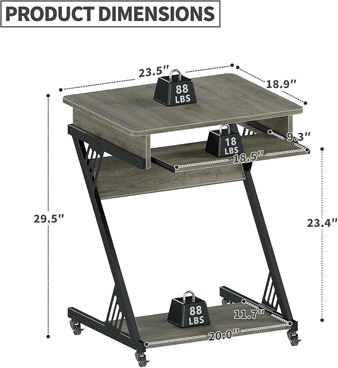 ALISENED 23.6" Z-Shaped Computer Desk for Small Spaces with Keyboard Tray, Wheels and Bottom Shelves, Compact Space-Saving Home Office Workstation, Grey