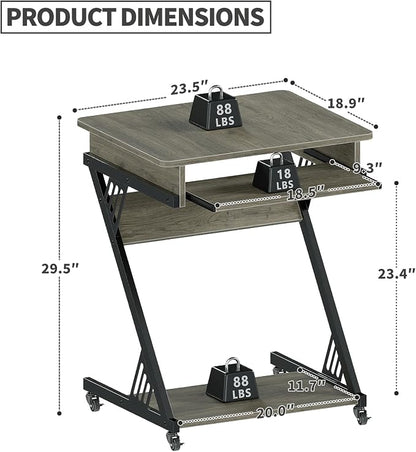ALISENED 23.6" Z-Shaped Computer Desk for Small Spaces with Keyboard Tray, Wheels and Bottom Shelves, Compact Space-Saving Home Office Workstation, Grey