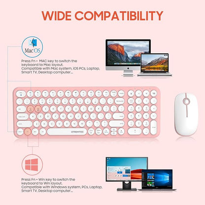 Wireless Keyboard and Mouse Combo,XTREMTEC 2.4GHz Quiet Slim Cute Round Keycap Compact Size Pink Kawaii Cordless Retro Keyboard and Mouse Set Home Office Accessories for Mac/Windows(Sakura Pink)