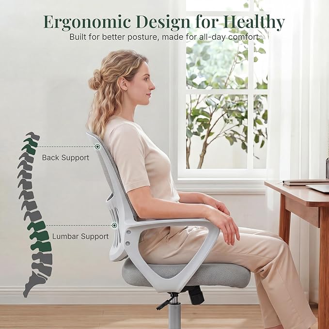 Home Office Desk Chair, Ergonomic Mid-Back Mesh Computer Task Chair with Comfortable Lumbar Support, Height Adjustable Swivel with Fixed Armrest for Adults, Student, Grey