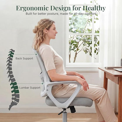 Home Office Desk Chair, Ergonomic Mid-Back Mesh Computer Task Chair with Comfortable Lumbar Support, Height Adjustable Swivel with Fixed Armrest for Adults, Student, Grey
