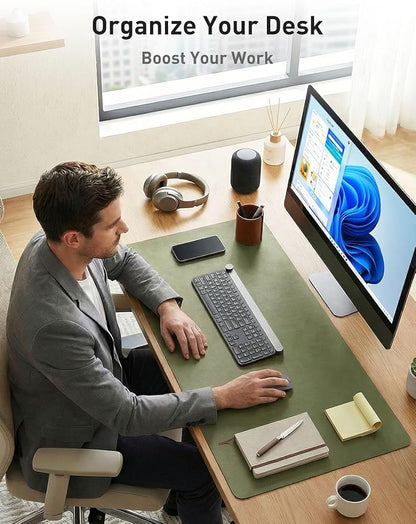 Aothia Faux Leather Desk Mat - Non-Slip PU Leather Desk Blotter, Waterproof Writing Surface, Large Desk Pad for Office & Home (Olive Green, 55" x 17")