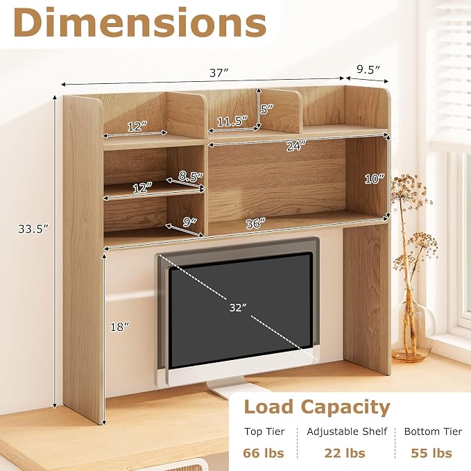 GOFLAME 6 Shelves Desktop Bookshelf, 37” Desk Hutch Dorm for Computer Monitor Up to 32”, 3-Tier Countertop Display Rack, Wood Desk Storage Organizer Shelf for Home Office, Study, Natural