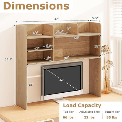 GOFLAME 6 Shelves Desktop Bookshelf, 37” Desk Hutch Dorm for Computer Monitor Up to 32”, 3-Tier Countertop Display Rack, Wood Desk Storage Organizer Shelf for Home Office, Study, Natural