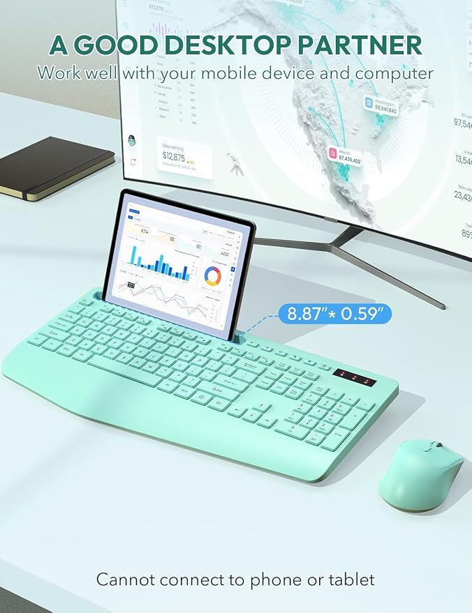 SABLUTE Wireless Keyboard and Mouse, Wrist Rest, Phone Holder, Battery Powered, 2.4G Lag-Free Ergonomic Keyboards Mouse Combo, KM23D Silent Keyboards Set for PC, Laptop, PC, Windows, Mint Green