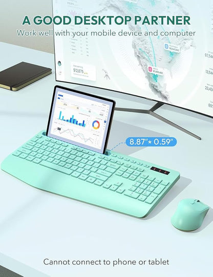 SABLUTE Wireless Keyboard and Mouse, Wrist Rest, Phone Holder, Battery Powered, 2.4G Lag-Free Ergonomic Keyboards Mouse Combo, KM23D Silent Keyboards Set for PC, Laptop, PC, Windows, Mint Green