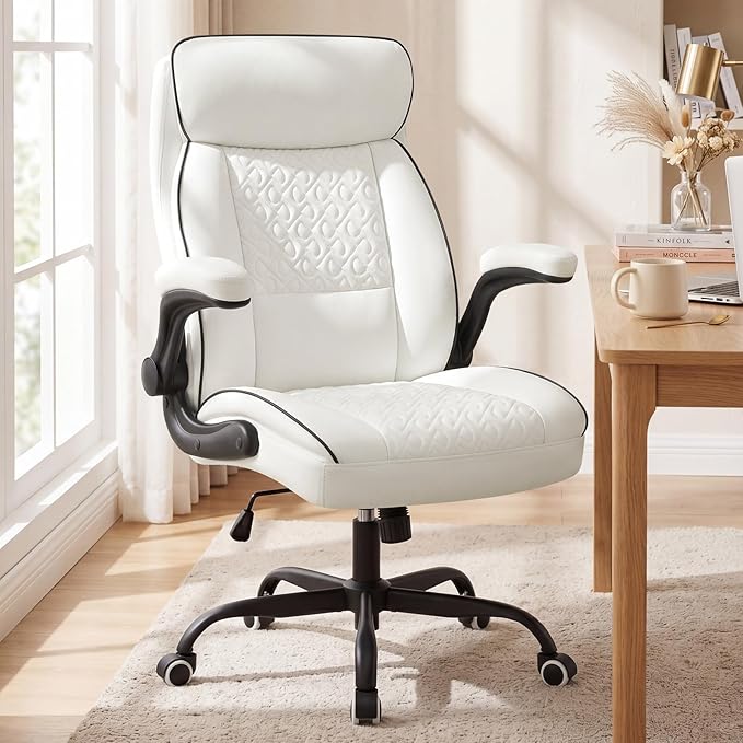 White Office Chair 400lbs, Modern Executive Desk Chair with Lumbar Support, Comfortable Computer Chair with Flip-up Armrests, Adjustable Height Swivel Reclining Chair for Home Office, Faux Leather