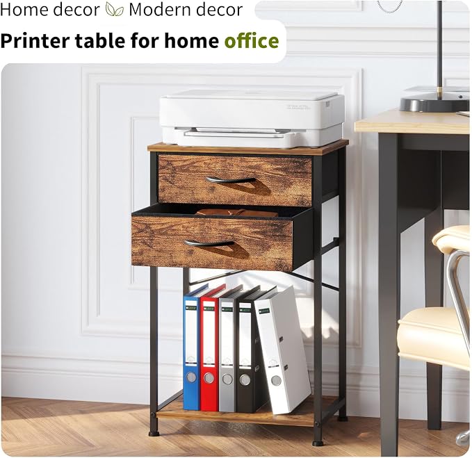 Small Printer Stand with Fabric Drawer & Storage Side Table | Sturdy compact build, works as nightstand end table & accent table. Ideal for bedroom living room & home office daily storage