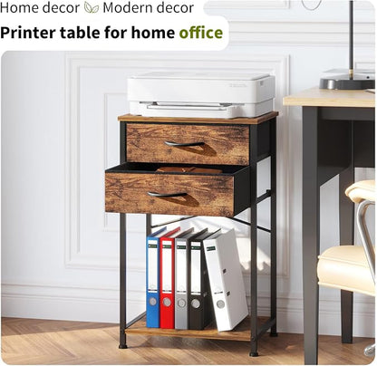 Small Printer Stand with Fabric Drawer & Storage Side Table | Sturdy compact build, works as nightstand end table & accent table. Ideal for bedroom living room & home office daily storage