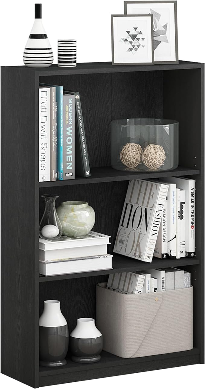 Furinno Jaya Book Shelf, 3-Tier Bookshelf, Standing Bookcase with Adjustable Shelves, 9.5 x 24.5 x 40.3, for Organization and Storage, for Living Room, Bedroom, Home Office, Darkwood