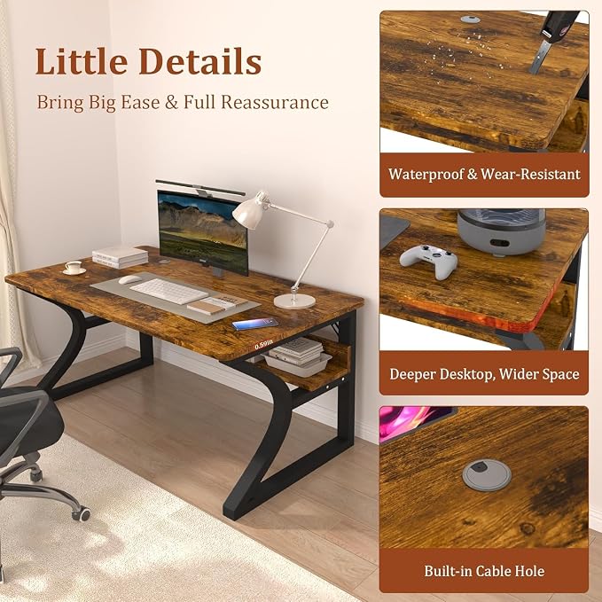 47 X 23.6'' Computer Desk, Home Office Desks w/Shelf Storage, Computer Desk w/Metal Frame, Cable Management, Study Student Desk Writing Work Table Deeper & Thicker Desktop for Home Bedroom