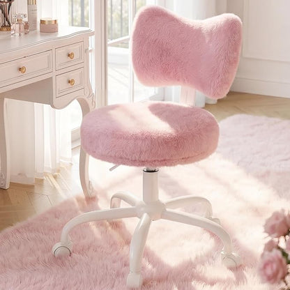 Homkdom Vanity Chair with Bow Back for Bedroom Faux Rabbit Fur Pink | High-Density Foam, Height Adjustable, swivel, 300 lbs,easy assembly for Teens， Make-up Room, Bedroom, Dorm, Study Room