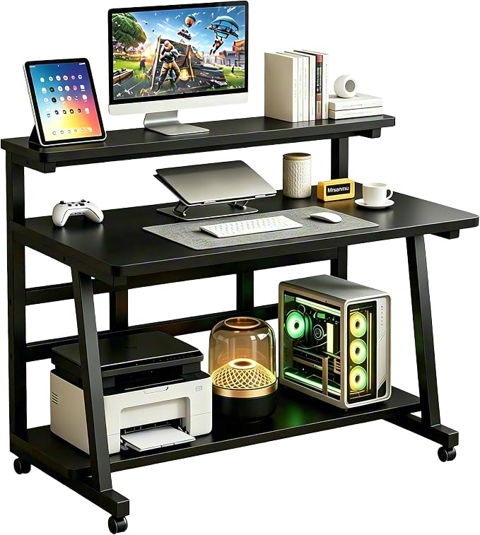 Rolling Computer Desk, 39.4 Inch Small Desks For Small Space, Portable Small Computer Desk with Monitor Stand & 3-Tier Storage, Portable Desk on Wheels for Writing, Home Office, Small Desk for Bedroom