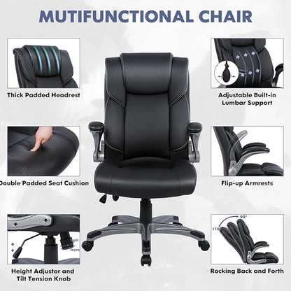 COLAMY Leather Executive Office Chair- High Back Home Computer Desk Chair with Padded Flip-up Arms, Adjustable Tilt Lock, Swivel Rolling Ergonomic Chair for Adult Working Study-Black, Set of 2