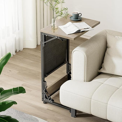 Folding TV Tray Table, 28.8" Tall C-Shaped Side Table for Couch and Bed, Slide Under Sofa Side Desk with Storage Bag - Sturdy Metal Frame Tray for Living Room, Bedroom, Home & Office (Oak Gray)