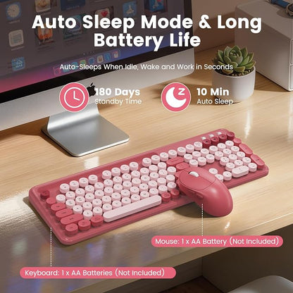 Wireless Keyboard and Mouse Combo, Retro Round Keycaps, Full-Size Stylish Typewriter Keyboard with Large Phone/Tablet Holder, 3-Level DPI Ergonomic Mouse, 2.4GHz Cordless for Windows PC, Rose Pink