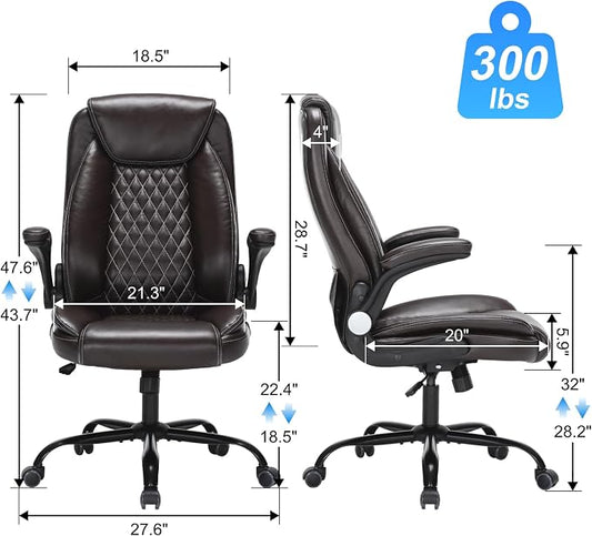 Heavy-Duty Executive Office Chair with Ergonomic Design, 300LBS PU Leather Chair with Adjustable Lumbar Support, 360° Swivel, Reclining Backrest, and Flip-Up Armrests for Big and Tall People(Brown)