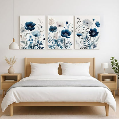LLEEMPI Framed Navy Blue Floral Wall Art Set of 3, Modern Wildflower Wall Decor, Watercolor Botanical Canvas Paintings, Classic Minimalist Poster Prints for Bedroom Bathroom Office 16x24 Inch