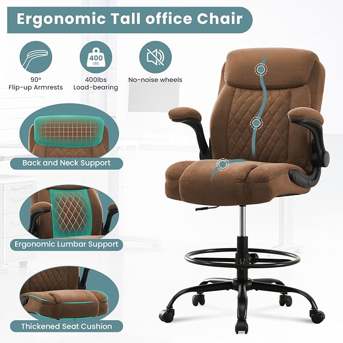 MAHOMICO Drafting Chair for Standing Desk – Tall Office Chair with Adjustable Height & Foot Ring, Flip-Up Arms, Lumbar Support – Comfortable Fabric Seat, Ideal Home Desk Chair