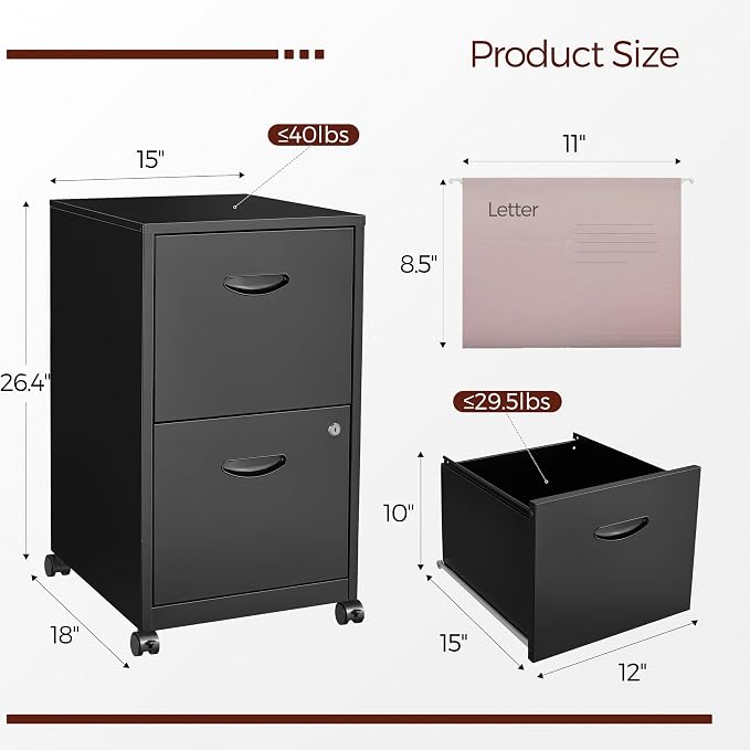 2 Drawer Mobile File Cabinet with Lock, Black Metal Filing Cabinets with Wheels, Vertical Rolling File Cabinet Fit Hanging Files, Letter and A4 Documents