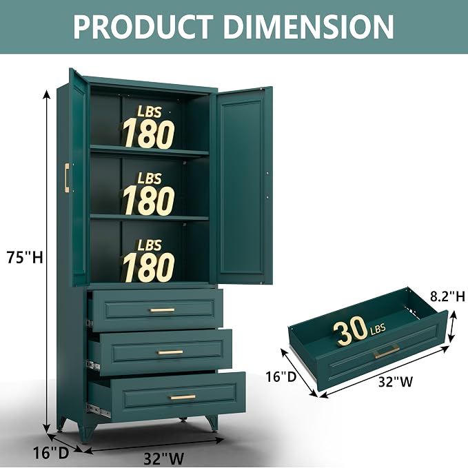 Polup 75" Tall Metal Storage Cabinet with Doors and Shelves, Heavy Duty Green Kitchen Pantry Cabinet with 3 Drawers, Freestanding Food Cupboard Storage Organizers for Laundry, Garage, Dining Room
